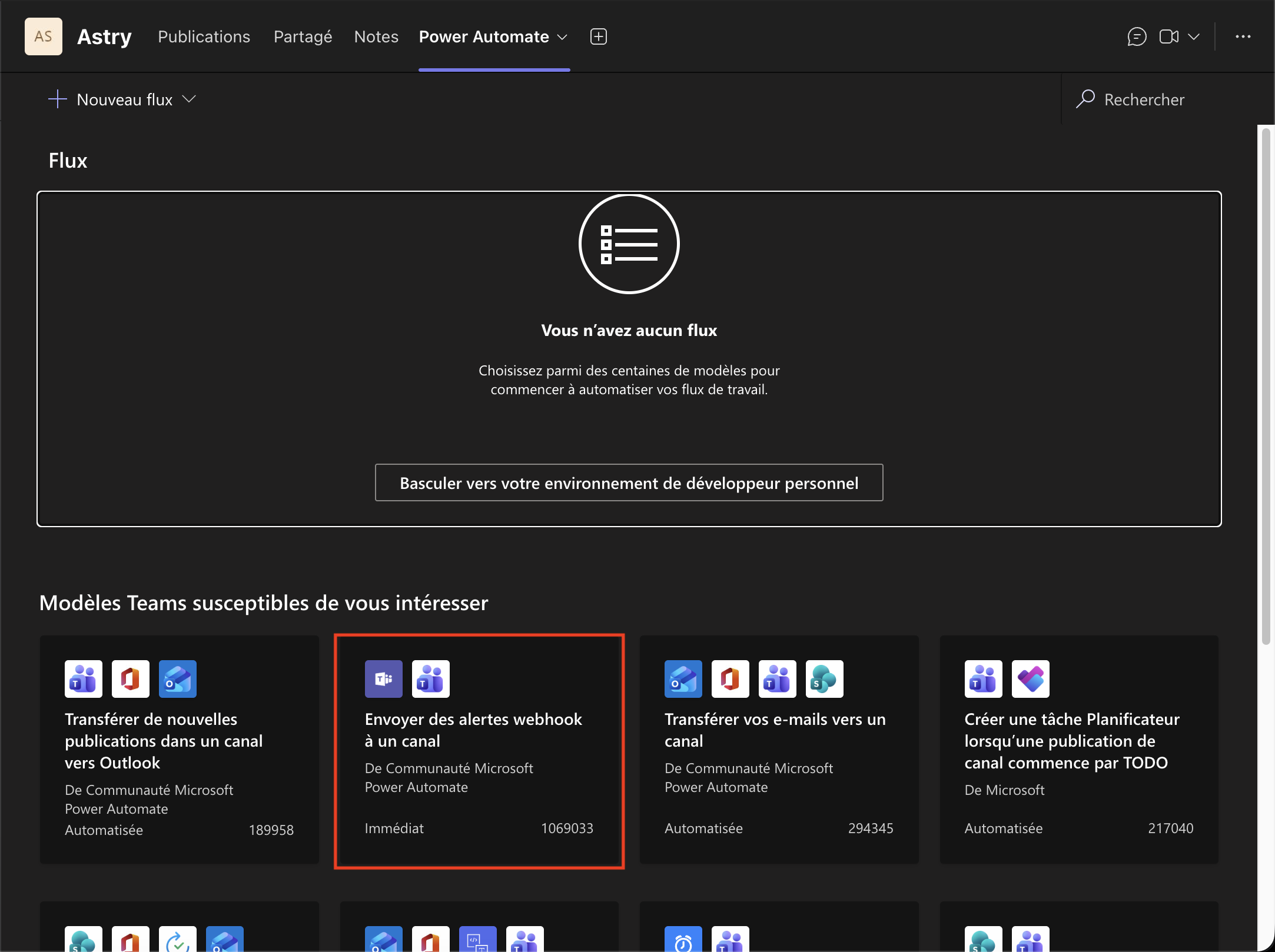 Modèle Envoyer des alertes webhook à un canal